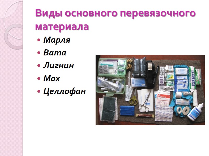 Виды основного перевязочного материала   Марля  Ватa  Лигнин  Мох 